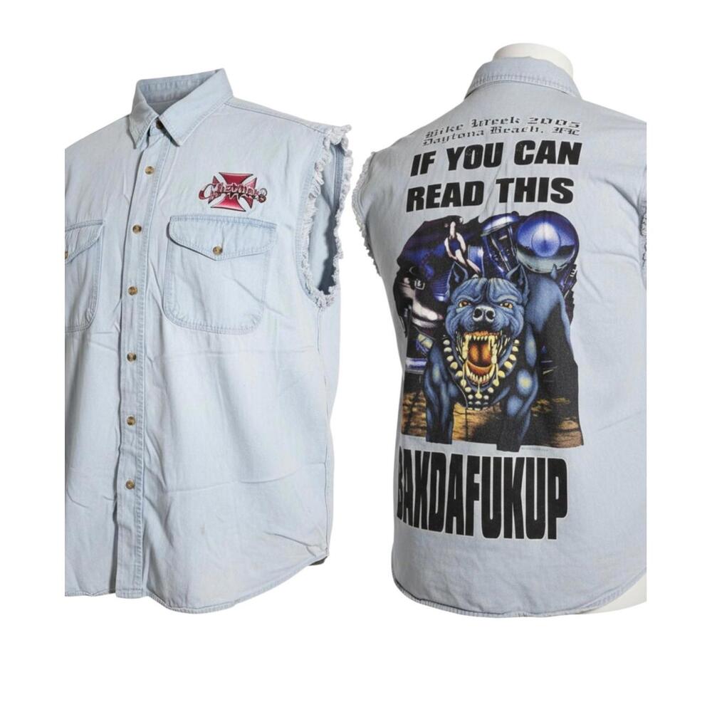West Coast Choppers Biker Design Denim Cut Off Shirt 2005 Bike Week XXL Vintage